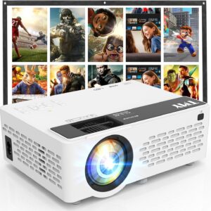 TMY Mini Projector, Upgraded Bluetooth Projector with Screen, 1080P Full HD Portable Projector, Movie Projector Compatible with TV Stick Smartphone/HDMI/USB, indoor & outdoor use