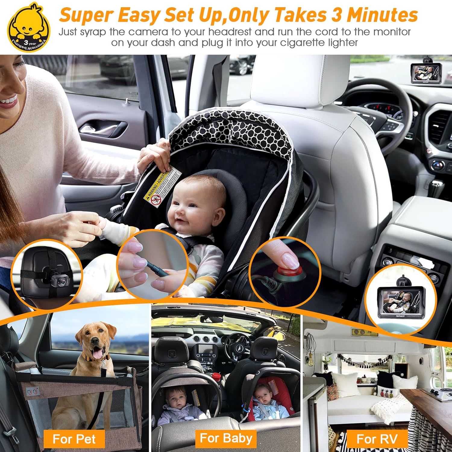 DoHonest Baby Car Camera HD 1080P - Rear-Facing Car Baby Monitor with Night Vision, Adjustable View Angle, Easy Setup, Anti-Glare Display, Safety for Kids & Infants - Image 2