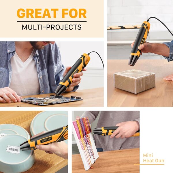SEEKONE Mini Heat Gun, 350W 2-Temp Settings 500℉ & 842℉（260℃& 450℃） Fast Heat Hot Air Gun Tool with Reflector Nozzle and 4.9Ft Long Cable Overload Protection for Crafting, Vinyl Wrap and Shrink Tubing - Image 8