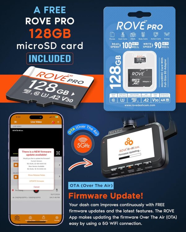 ROVE R2-4K DUAL Dash Cam Front and Rear, STARVIS 2 Sensor, FREE 128GB Card Included, 5G WiFi - up to 20MB/s Fastest Download Speed with App, 4K 2160P/FHD Dash Camera for Cars, 3" IPS, 24H Parking Mode - Image 8
