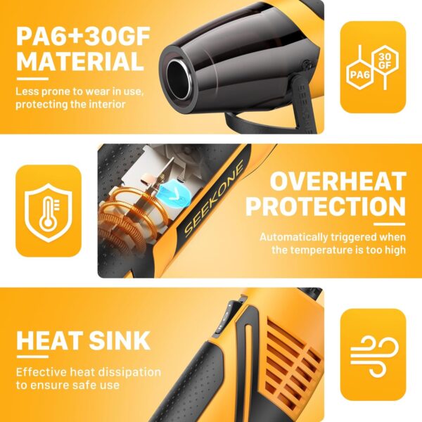 SEEKONE Mini Heat Gun, 350W 2-Temp Settings 500℉ & 842℉（260℃& 450℃） Fast Heat Hot Air Gun Tool with Reflector Nozzle and 4.9Ft Long Cable Overload Protection for Crafting, Vinyl Wrap and Shrink Tubing - Image 6