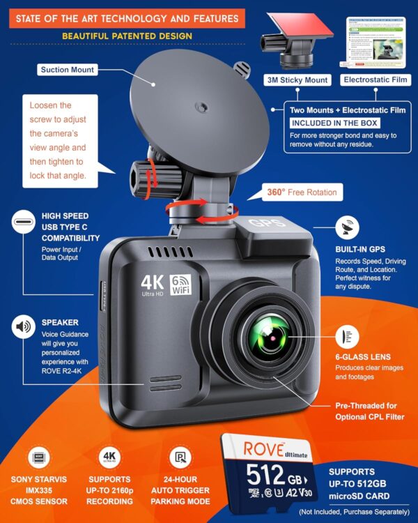ROVE R2-4K Dash Cam Built-in WiFi 6 GPS Car Dashboard Camera Recorder with UHD 2160P, 2.4" IPS Screen, 150° Wide Angle, WDR, Night Vision - Image 3