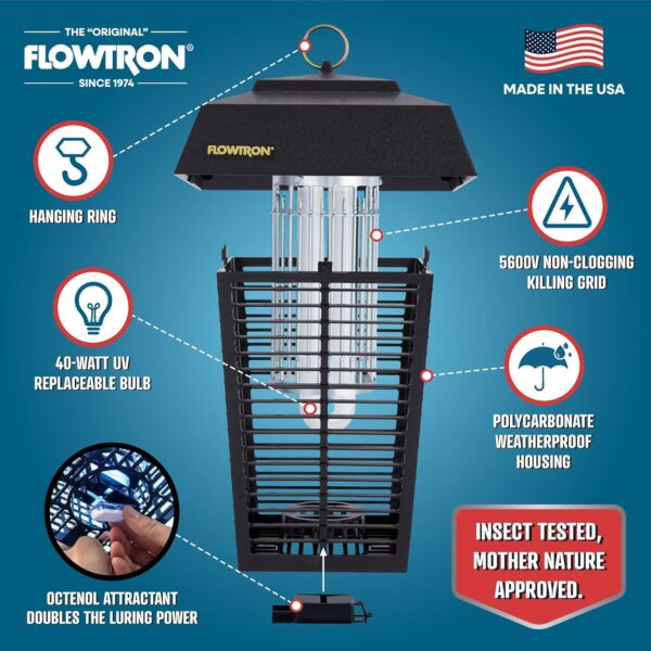 Flowtron Bug Zapper, 1 Acre of Outdoor Coverage with Powerful 40W Bulb & 5600V Instant Killing Grid, Electric Insect, Fly & Mosquito Zapper, Made in The USA - Image 2
