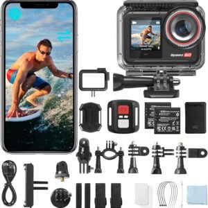 Action Camera Speed 60 4K60FPS 48MP WiFi with 2.35″ HDR Touch Screen EIS 8X Zoom Remote Control,Bare Machine Waterproof 33FT with Waterproof Case 131FT, 2x2150mAh Battery, 30 Burst Vlog Camera