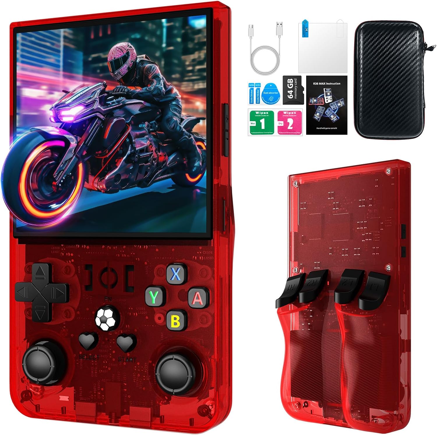 2025 New R36MAX Retro Handheld Game Console, 4.0 Inch IPS Screen Retro Gaming Console,Linux System, 4000mAh Battery Portable Pocket Mini Arcade, Built-in 64G, Red