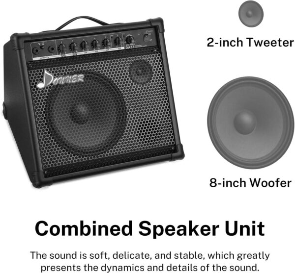 Donner 35-Watt Electronic Drum Amplifier DA-35, 2x8" Speakers, 2-Channel, 3-Band EQ, DI Out, Wireless Audio, Black, Compatible with Electronic Drum & Keyboard, Digital Modeling Amplifier - Image 3