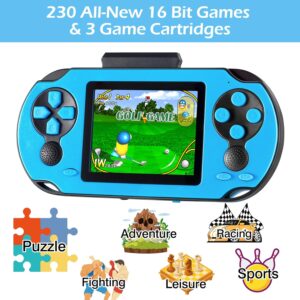 16 Bit Handheld Game for Kids Adults, 3.0” Large Screen Preloaded 230 HD Classic Retro Video Games with USB Rechargeable Battery & 3 Game Cartridges for Birthday Gift for Kids 4-12 (Blue)