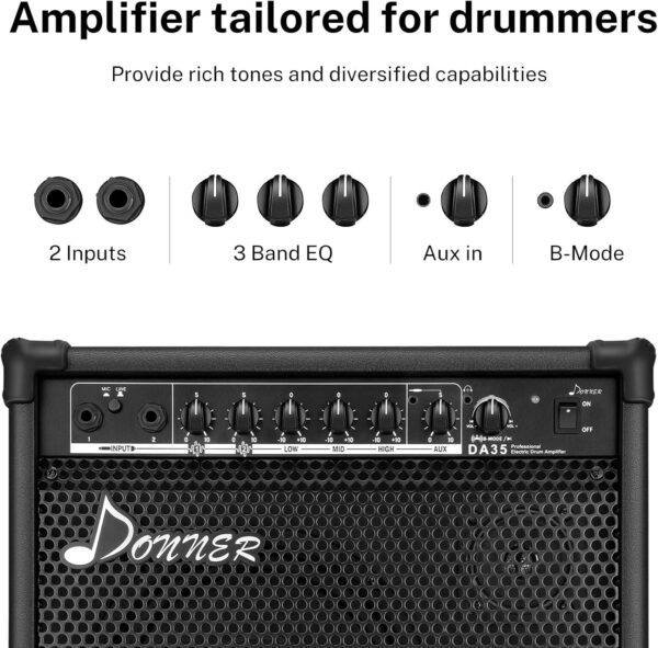 Donner 35-Watt Electronic Drum Amplifier DA-35, 2x8" Speakers, 2-Channel, 3-Band EQ, DI Out, Wireless Audio, Black, Compatible with Electronic Drum & Keyboard, Digital Modeling Amplifier - Image 2