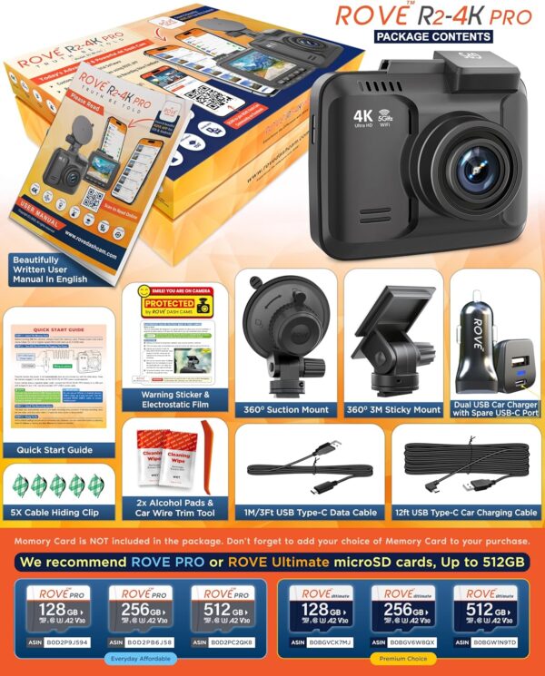 ROVE R2-4K PRO Dash Cam, Built-in GPS, 5G WiFi Dash Camera for Cars, 2160P UHD 30fps Dashcam with APP, 2.4" IPS Screen, Night Vision, WDR, 150° Wide Angle, 24-Hr Parking Mode, Supports 512GB Max - Image 6