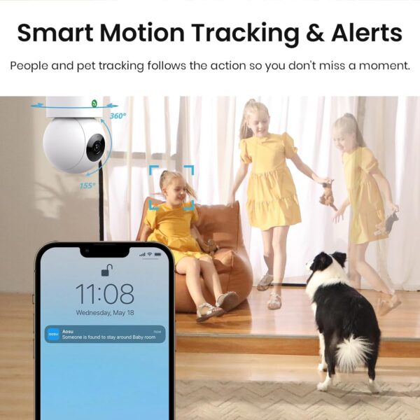 AOSU 2K Security Camera Indoor, Baby Monitor Pet Camera 360-Degree for Home Security with 2.4 GHz Wi-Fi Router, One-Touch Call, Smart Motion Tracking, IR Night Vision, Compatible with Alexa - Image 4