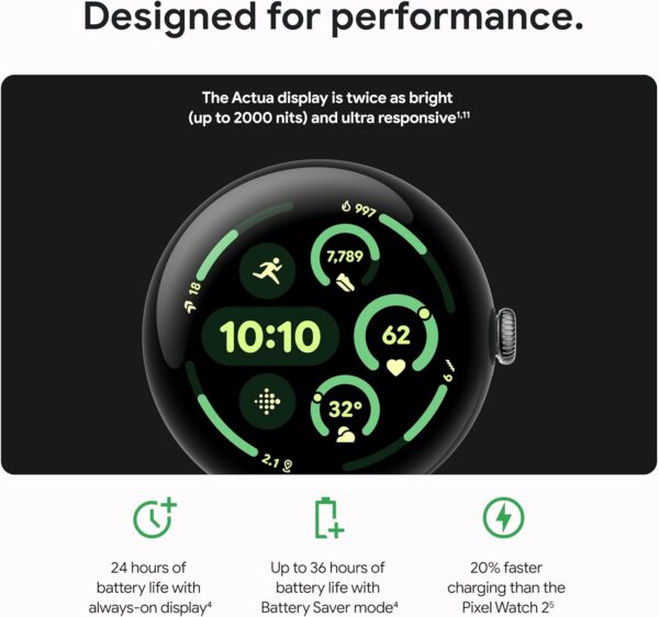 Google Pixel Watch 3 (45mm) Latest Model - Android Smartwatch, Heart Rate Tracking, Fitbit Advanced Running, Fitness Insights, 24-Hour Battery - Polished Silver Aluminum Case - Porcelain Band - Wi-Fi - Image 3