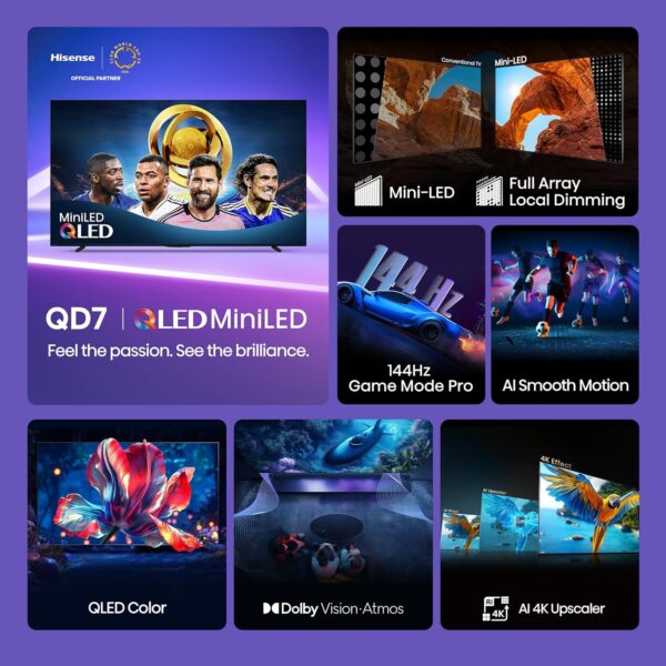 Hisense 75" Class QD7 Series Mini-LED 4K UHD Smart Fire TV (75QD7QF, 2025 Model) - QLED, Native 144hz, HDR10+, Dolby Vision, Dolby Atmos, Game Mode Pro, ALLM, Alexa Built in with Voice Remote, Black - Image 3