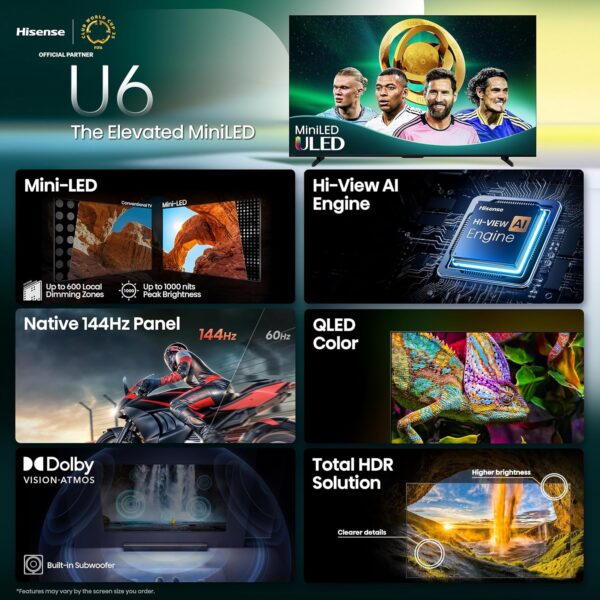 Hisense 75" Class U6 Series Mini-LED 4K UHD Smart Fire TV (75U65QF, 2025 Model) - QLED, Native 144Hz, HDR10+, Dolby Vision IQ, Dolby Atmos, Game Mode Pro, ALLM, Alexa Built in, Black - Image 3