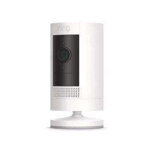 Like-New Ring Stick Up Cam Battery HD security camera with custom privacy controls, Simple setup, Works with Alexa – White