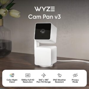 WYZE Cam Pan v3 Indoor/Outdoor IP65 1080P 360° Pan/Tilt/Zoom WiFi Smart Home Security Camera, Motion Tracking for Baby/Pet, Color Night Vision, Works with Alexa&Google Assistant, Free Expert Setup