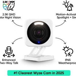 WYZE Cam v4, 2.5K QHD WiFi Indoor/Outdoor Smart Home Security Camera, Pet/Baby Monitor, Motion Activated Spotlight/Siren, Color Night Vision, 2-Way Audio, Works with Alexa & Google, Free Expert Help