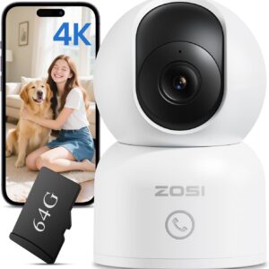 ZOSI 4K Indoor Security Camera, C518 WiFi Pan/Tilt Pet/Dog/Baby Plug-in IP Camera, Auto Tracking, AI Human/Face/Pet Detection, 360° View, Night Vision, 2-Way Audio, 5GHz/2.4GHz WiFi, 64G Memory Card