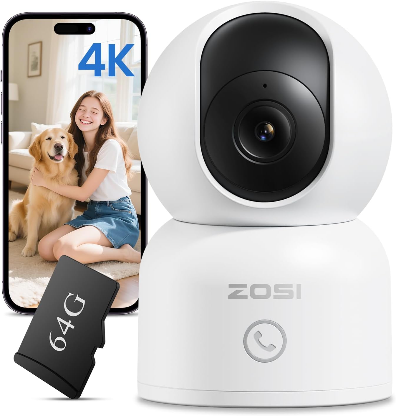 ZOSI 4K Indoor Security Camera, C518 WiFi Pan/Tilt Pet/Dog/Baby Plug-in IP Camera, Auto Tracking, AI Human/Face/Pet Detection, 360° View, Night Vision, 2-Way Audio, 5GHz/2.4GHz WiFi, 64G Memory Card