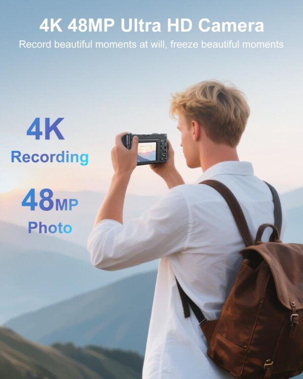 4K Digital Camera for Photography, Autofocus 48MP Vlogging Camera with Flash, 3" 180° Flip Screen, 16X Zoom, 32GB Card and Battery Charger, Point and Shoot YouTube Camera for Teens, Adults, Beginners - Image 2