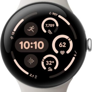 Google Pixel Watch 3 (45mm) Latest Model – Android Smartwatch, Heart Rate Tracking, Fitbit Advanced Running, Fitness Insights, 24-Hour Battery – Polished Silver Aluminum Case – Porcelain Band – Wi-Fi