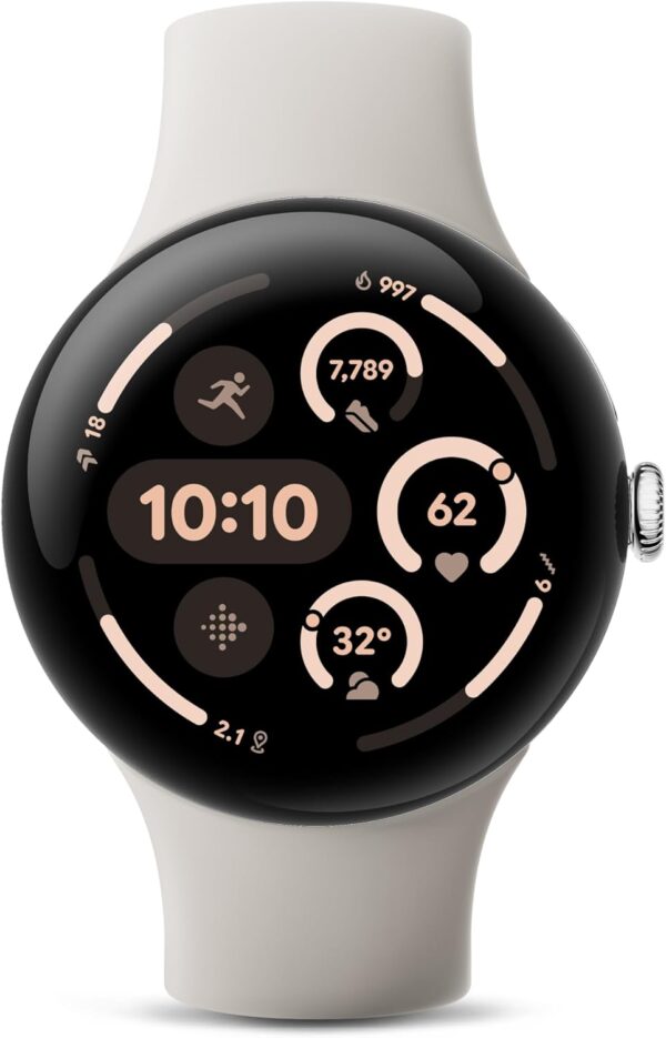 Google Pixel Watch 3 (45mm) Latest Model - Android Smartwatch, Heart Rate Tracking, Fitbit Advanced Running, Fitness Insights, 24-Hour Battery - Polished Silver Aluminum Case - Porcelain Band - Wi-Fi