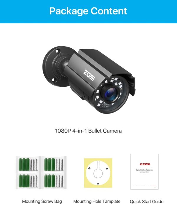 ZOSI 1080P CCTV Camera Outdoor Indoor Hybrid 4 in 1 HD TVI/CVI/AHD/CVBS Home Security Cameras System,Night Vision,Waterproof Metal Housing Bullet Cam For 960H,720P,1080P,5MP,4K analog Surveillance DVR - Image 9