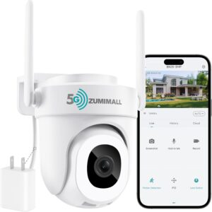 ZUMIMALL 3MP Security Camera Outdoor – 360° PTZ Auto Tracking | 24/7 Recording Wired Power, 2.4G/5G Wireless WiFi | Motion & Noise Detection, Color Night Vision, 2-Way Audio | Works with Alexa