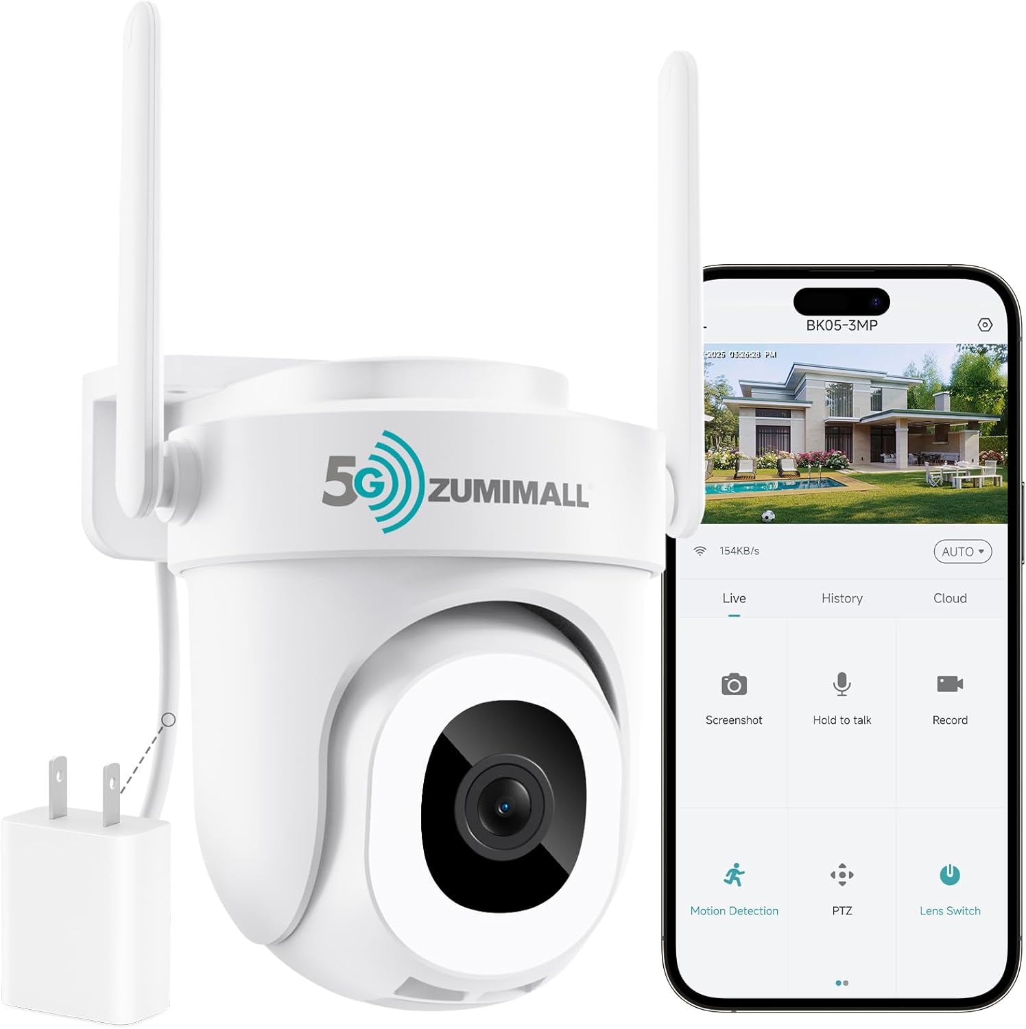 ZUMIMALL 3MP Security Camera Outdoor - 360° PTZ Auto Tracking | 24/7 Recording Wired Power, 2.4G/5G Wireless WiFi | Motion & Noise Detection, Color Night Vision, 2-Way Audio | Works with Alexa