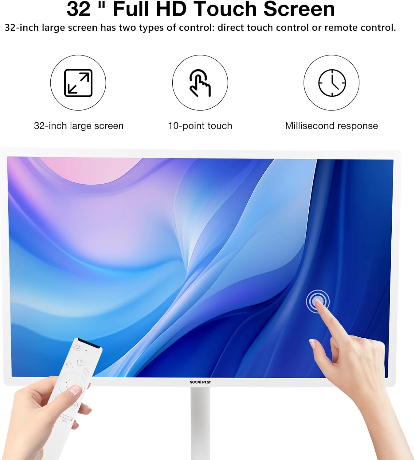32-Inch Smart Portable TV with Touchscreen Monitor, 1080P Rotatable Screen, Rolling TV on Wheels, Built-in Battery, 8GB+128GB, Android OS, Remote Control, Calming White