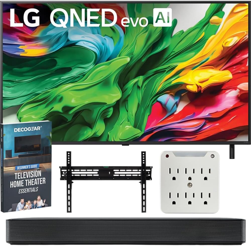 LG 55 inch Mini LED QNED AI 4K QNED85A Smart TV (2025) Bundle with SKM1 2.0 Ch. Compact Soundbar, 37"-70" TV Wall Mount, 6-Outlet Surge Adapter & Deco Gear Complete Home Theater Beginner's Guidebook