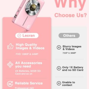 Digital Camera, FHD 1080P Point and Shoot Kids Camera, with 32GB Card, 2 Batteries, 16X Zoom Anti Shake Date Stamp, Compact Portable Small, for Starter Kid Children Teen Student Girl Boy(Pink)