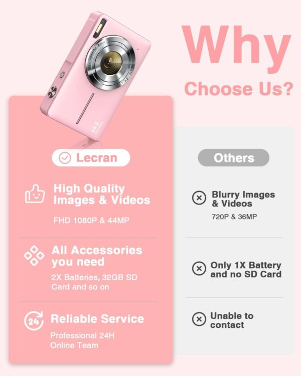 Digital Camera, FHD 1080P Point and Shoot Kids Camera, with 32GB Card, 2 Batteries, 16X Zoom Anti Shake Date Stamp, Compact Portable Small, for Starter Kid Children Teen Student Girl Boy(Pink) - Image 2