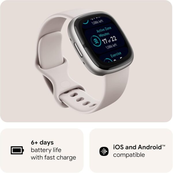 Fitbit Sense 2 Advanced Health and Fitness Smartwatch with Tools to Manage Stress and Sleep, ECG App, SpO2, 24/7 Heart Rate and GPS, Lunar White/Platinum, One Size (S & L Bands Included) - Image 7