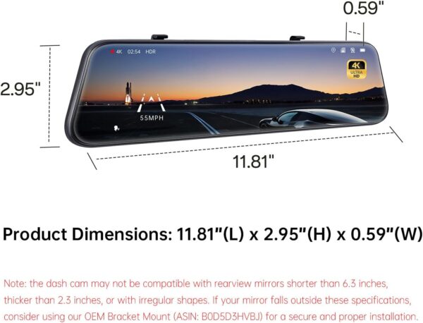 Pelsee P12 Pro 4K Mirror Dash Cam, 12'' Rear View Mirror Camera Smart Driving Assistant w/ADAS and BSD,2160P Front and 1080P Rear Camera,Voice Control,Night Vision,Parking Monitoring, 32G Memory Card - Image 8