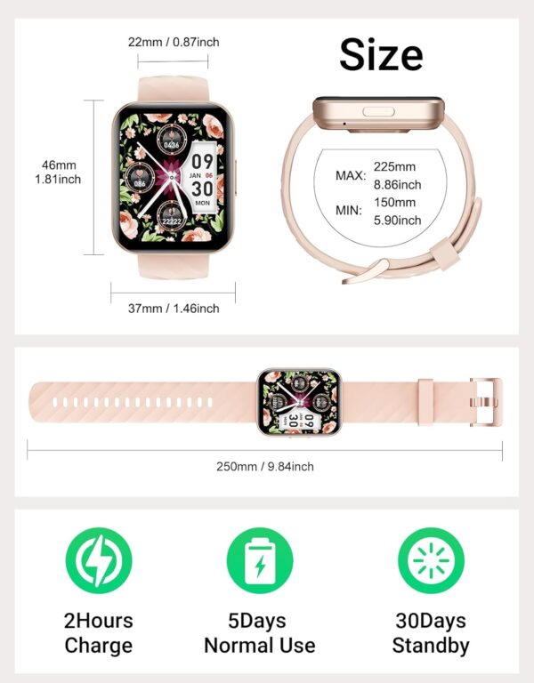 Smart Watch (Answer/Make Calls), 1.85" Smart Watches for Women Men Digital Watch Fitness Tracker with 100+ Sport Modes Heart Rate Monitor for iOS Android Phones Waterproof (Light Pink) - Image 8