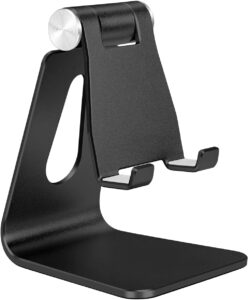 Read more about the article Black Foldable Aluminum Alloy Cell Phone Holder,Tabletop Metal Phone Stand with Adjustable Angle by Swivel Axis,Smartphone Cradle