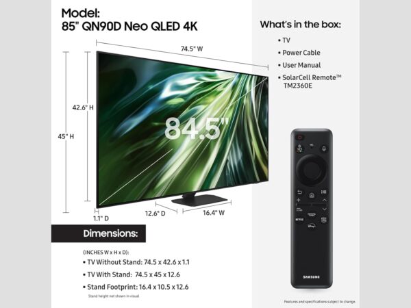Samsung 75-Inch Class Neo QLED 4K QN90D Series Mini LED, Neo Quantum HDR+ Smart TV w/Dolby Atmos, Object Tracking Sound+, Motion Xcelerator, Real Depth Enhancer Pro, Alexa Built-in (QN75QN90D, 2024) - Image 2