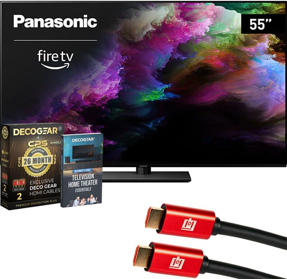Panasonic TV-55Z85AP Z85 55 inch OLED 4K UHD Smart Fire TV (2024) Bundle with CPS Exclusive 26 Month Protection, 2X 4K HDMI Cable & Deco Gear Complete Home Theater Beginner's Guidebook