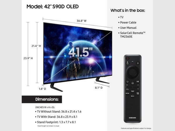 Samsung 42-Inch Class OLED 4K S90D Series HDR Smart TV w/Dolby Atmos, Object Tracking Sound Lite, Motion Xcelerator, Real Depth Enhancer, 4K AI Upscaling, Alexa Built-in (QN42S90D, 2024 Model) - Image 2
