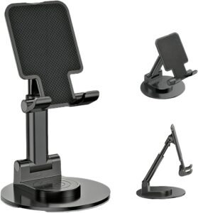 Read more about the article Phone Stand for Desk 360 Degree Rotating Phone Holder Adjustable Cellphone Accessories Portable Smartphone Stands Foldable Holder for Desk Home Office (Black)