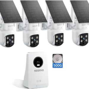 Solar Security Cameras Wireless Outdoor, 4MP Solar Powered, 4 Cam kit, Color Night Vision, 360° PTZ, 500G HDD Local Recording, No Monthly Fees