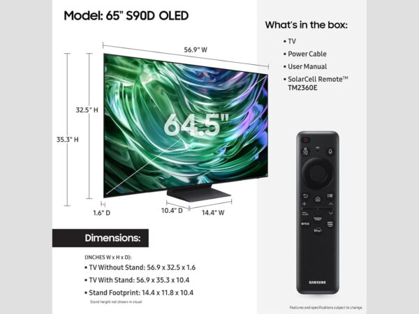 Samsung 65-Inch Class OLED 4K S90D Series HDR+ Smart TV w/Dolby Atmos, Object Tracking Sound Lite, Motion Xcelerator, Real Depth Enhancer, 4K AI Upscaling, Alexa Built-in (QN65S90D, 2024 Model) - Image 2
