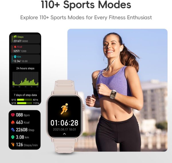 Smart Watch Sports Pedometer Fitness Tracker, Bluetooth Call Heart Rate Blood Oxygen Sleep Monitor, 100 Sports Modes Waterproof for iOS Android Men's Women's Smart Watch (Pink) - Image 5