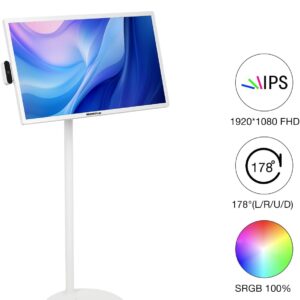 32-Inch Smart Portable TV with Touchscreen Monitor, 1080P Rotatable Screen, Rolling TV on Wheels, Built-in Battery, 8GB+128GB, Android OS, Remote Control, Calming White
