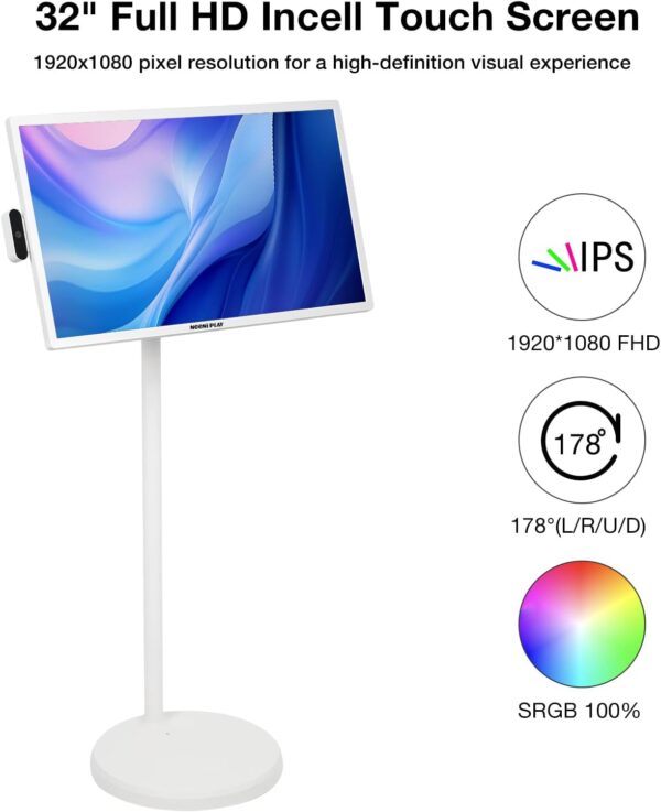 32-Inch Smart Portable TV with Touchscreen Monitor, 1080P Rotatable Screen, Rolling TV on Wheels, Built-in Battery, 8GB+128GB, Android OS, Remote Control, Calming White - Image 2