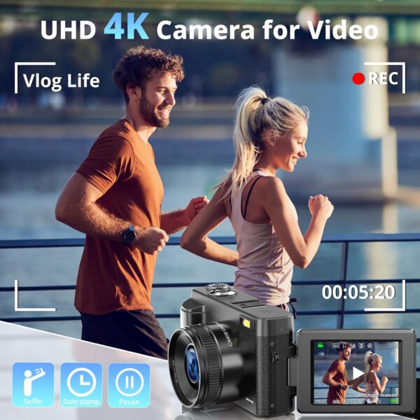 4K Digital Camera for Photography and Video, Autofocus 48MP Vlogging Camera for YouTube with 3'' 180°Flip Screen 16X Zoom Compact Travel Cameras with SD Card, 2 Batteries, Anti-Shake, Flash (Black) - Image 2