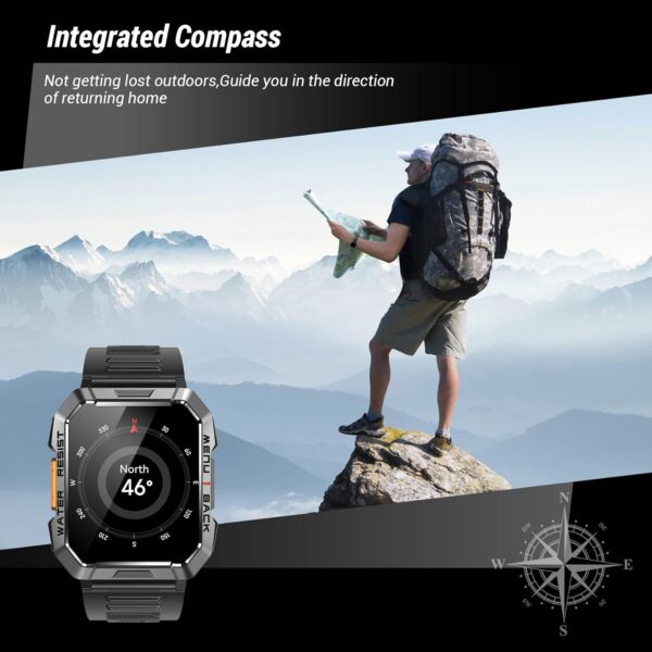 Military Smart Watch for Men (Answer/Make Calls), 2.01'' Smart Watch for Android and iPhone, Fitness Tracker with Flashlight/Compass/100 Days Battery/Heart Rate/Sleep/100+ Sport Modes(2 Straps) - Image 4