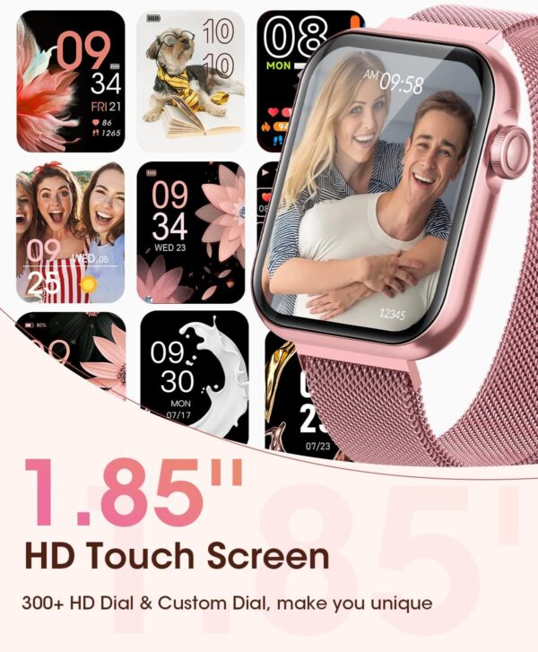 Smart Watches for Women, Health Fitness Watch for Android iPhone, Sleep/Heart Rate/SpO2/Blood Pressure Monitor, 1.85'' Smartwatch for Calls/SMS/Notifications, 100+ Sports Modes, 300+ Dials, 3 Bands - Image 6