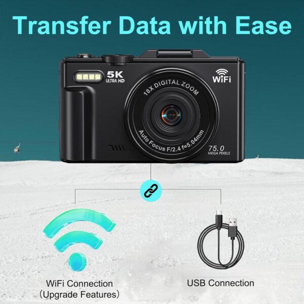 Digital Cameras for Photography 5K - 75MP Vlogging Camera for YouTube WiFi - UHD Autofocus Vlog Camera 3" 180° Flip Screen with 18X Zoom - Travel YouTube Camera Compact with 32GB SD Card, 2 Batteries - Image 5