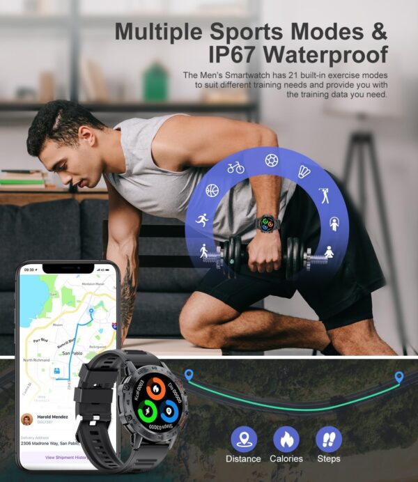 Military Smart Watch for Men(Answer/Dial Calls),100 Sports Modes, 5ATM Waterproof Fitness Watch with Heart Rate/SpO2/Blood Pressure for Android and iOS,1.39''HD DIY Screen Smartwatch Black - Image 3